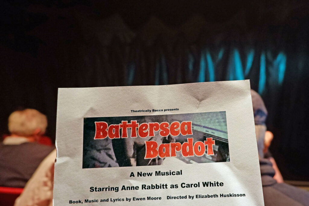 Battersea Bardot flyer in front of the New Wimbledon Theatre Studio stage in London