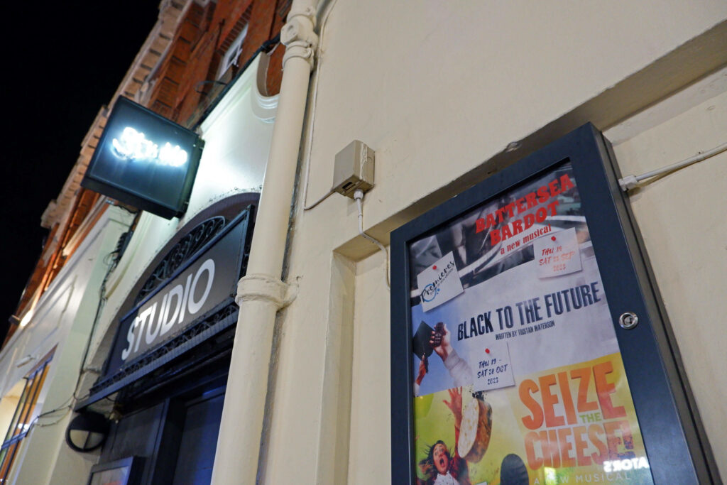 Battersea Bardot poster in front of the New Wimbledon Theatre Studio in London