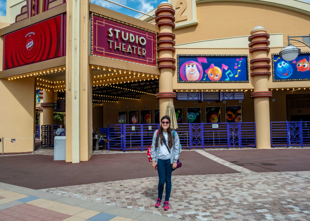 Kat Masterson in front of the TOGETHER: A Pixar Musical Adventure theatre at Walt Disney Studios Park, Disneyland Paris