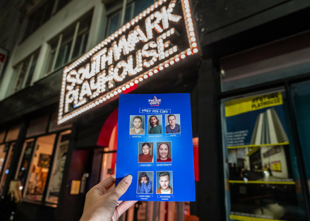 Police Cops: The Musical cast list outside Southwark Playhouse Borough