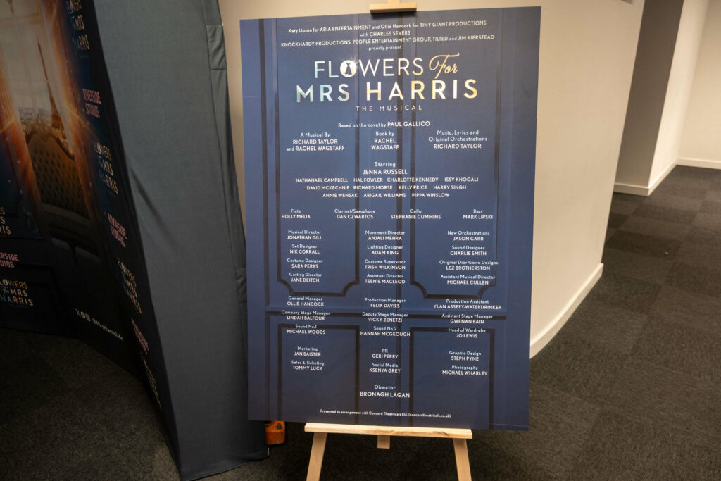 Flowers For Mrs Harris board featuring the cast and creative team at Riverside Studios, London