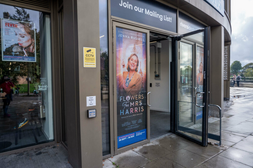 Poster for Flowers For Mrs Harris outside Riverside Studios, London