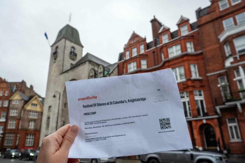 Festival of Silence ticket in front of St Columba's Church of Scotland in Knightsbridge, London