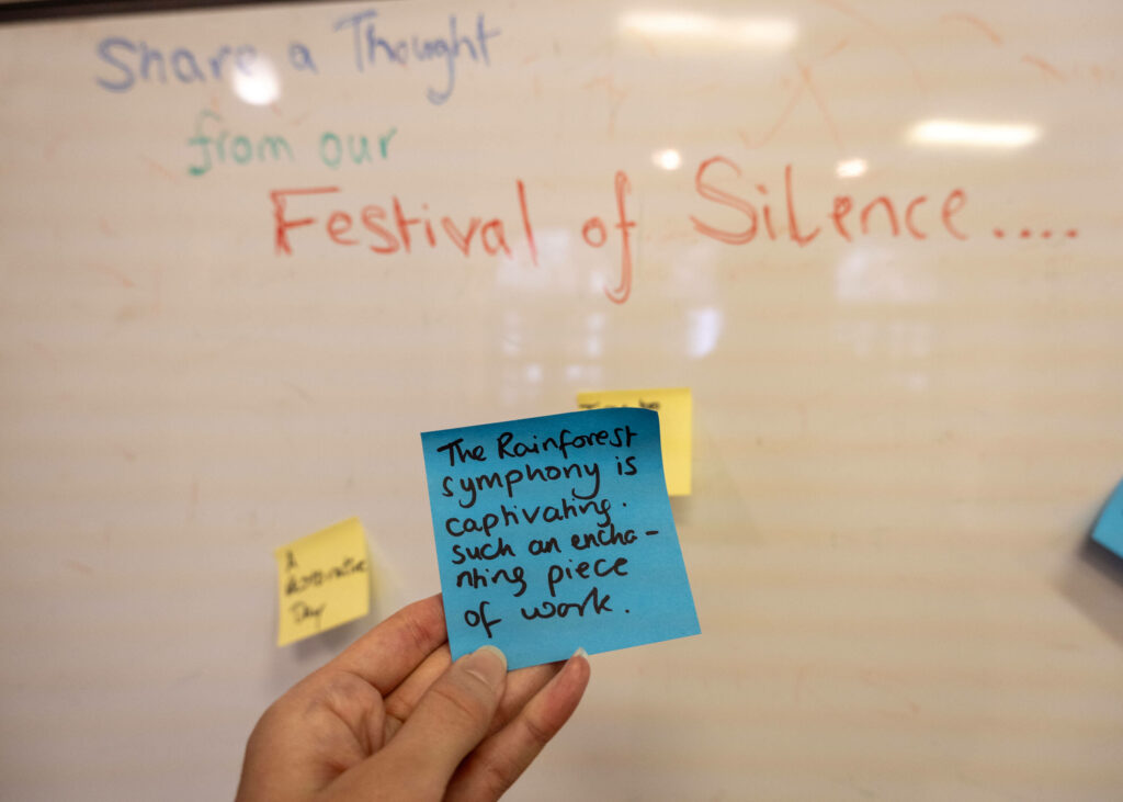 Festival of Silence wall of thoughts at St Columba's Church of Scotland in Knightsbridge, London