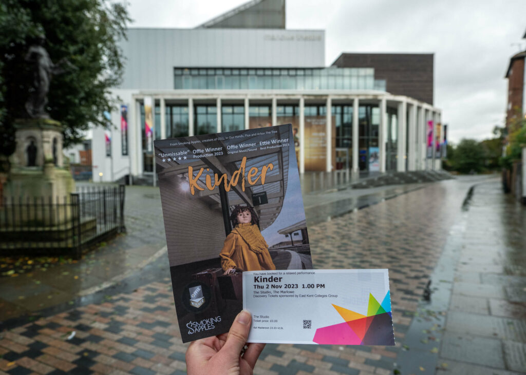 Kinder leaflet and ticket in front of The Marlowe Theatre, Canterbury