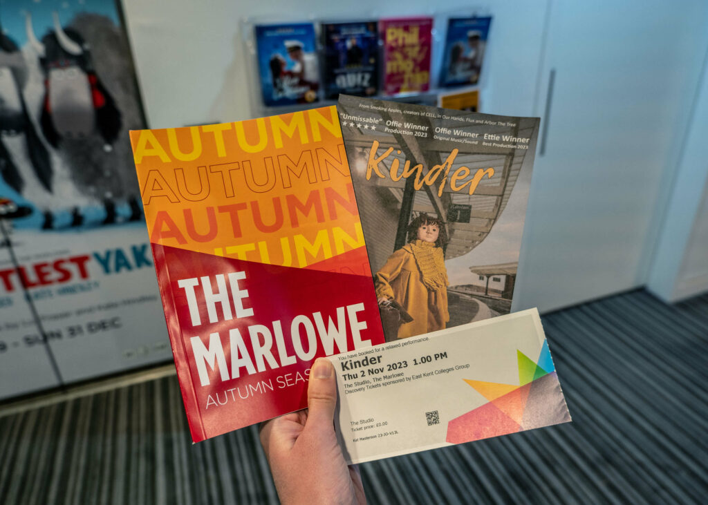 Kinder ticket, leaflet and season brochure inside The Marlowe Theatre, Canterbury