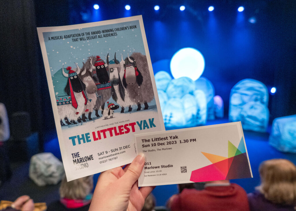The Littlest Yak leaflet and ticket in front of The Marlowe Theatre Studio stage in Canterbury