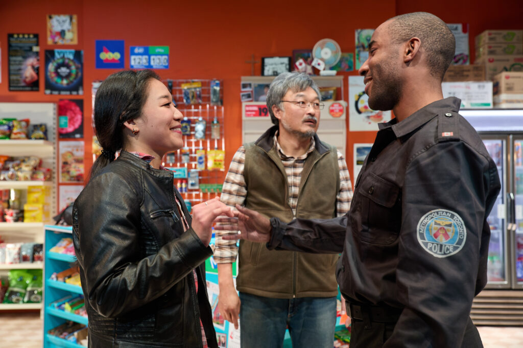 Jennifer Kim (Janet), Ins Choi (Appa) and Miles Mitchell (Alex), Kim's Convenience at the Park Theatre, London. Photo by Mark Douet