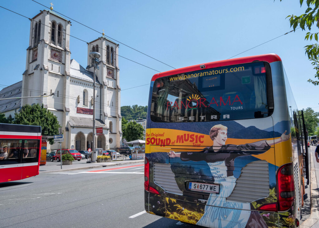 The Original Sound of Music Tour bus parked up in Mirabellplatz, Salzburg