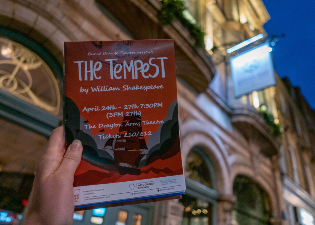 The Tempest leaflet outside The Drayton Arms Theatre, London