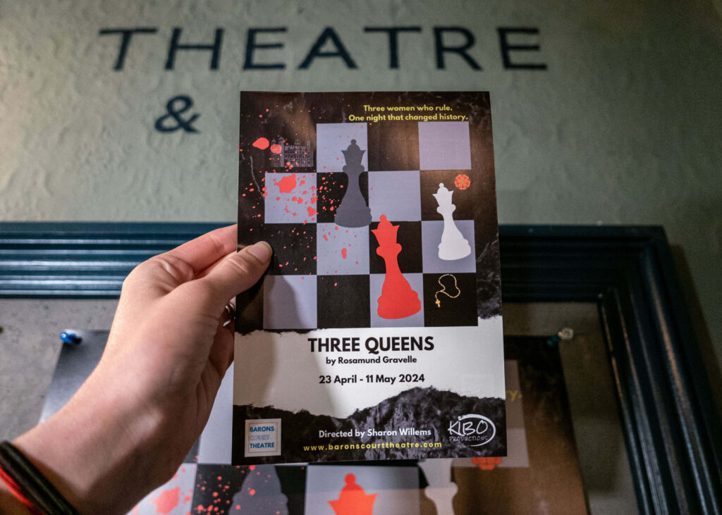 Three Queens leaflet at Barons Court Theatre, London