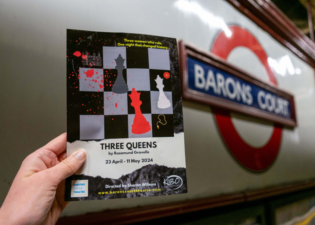 Three Queens leaflet at Barons Court Underground Station, London