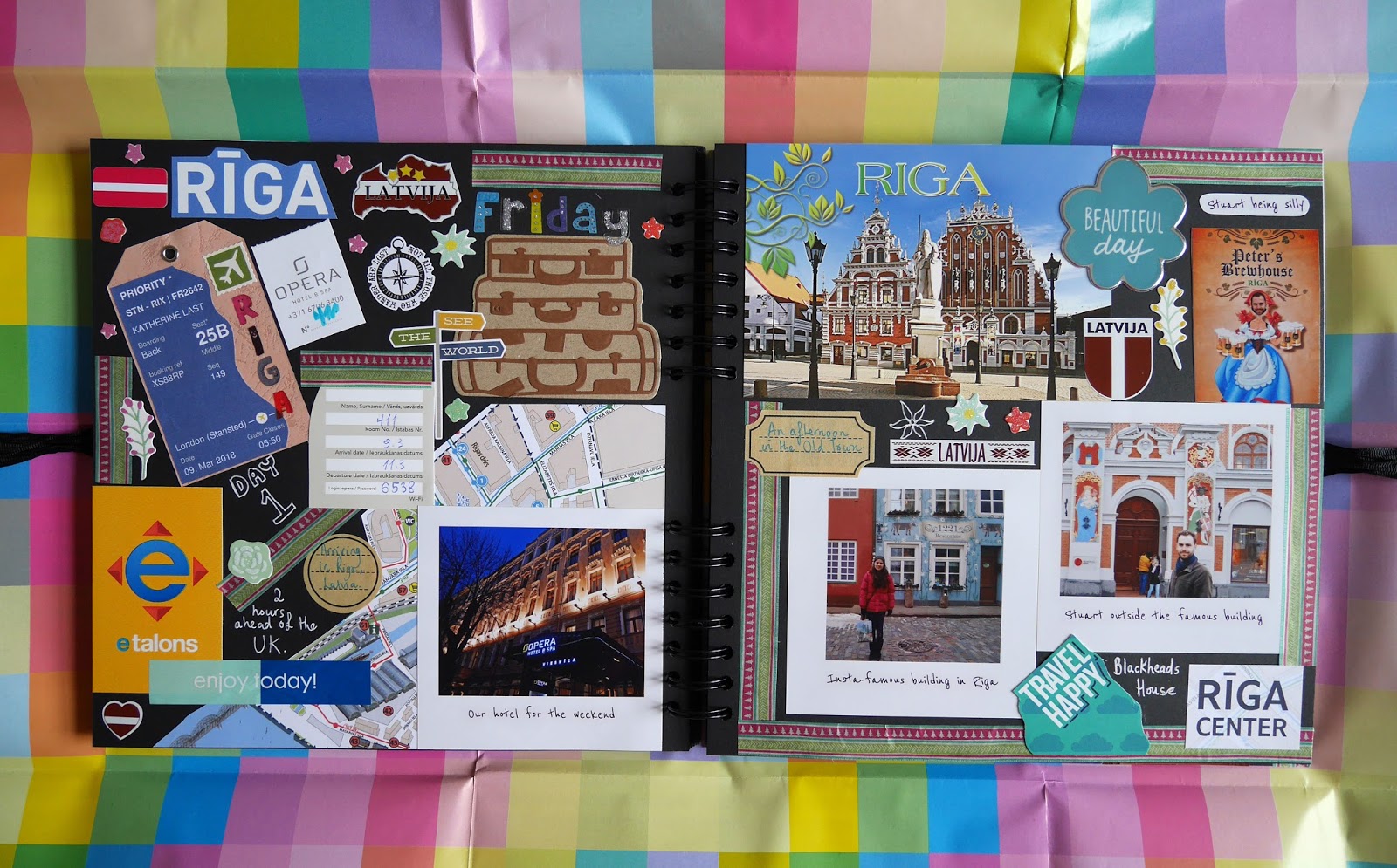 Pages 1 and 2 of the Riga section of my travel scrapbook - arriving in Latvia and exploring Riga's Old Town