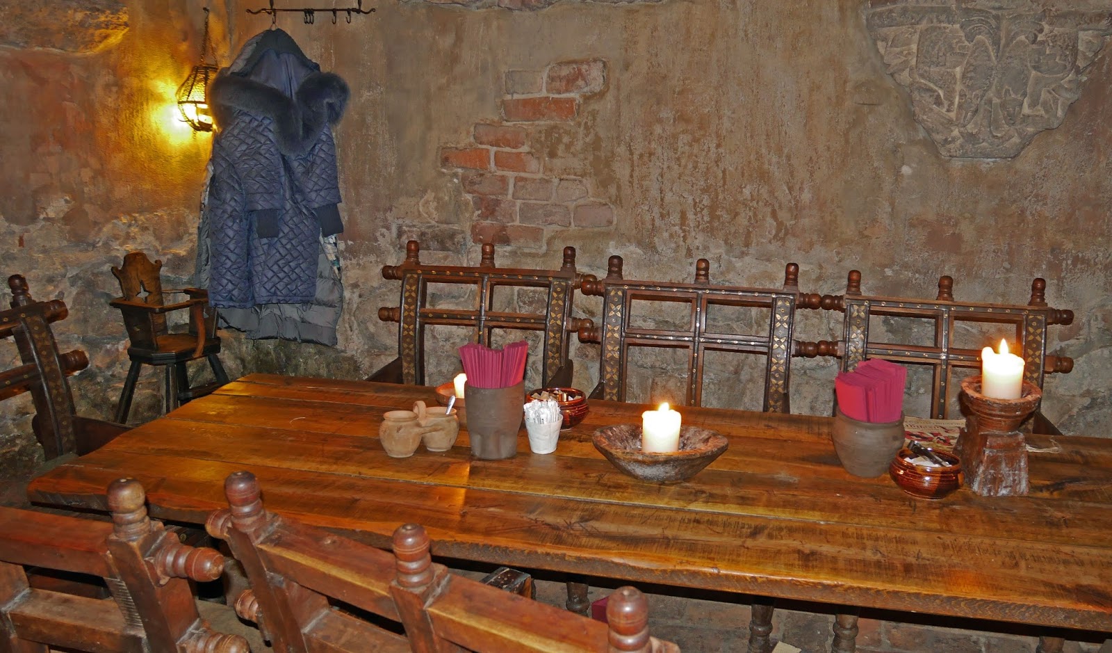 Table setup at Rozengrāls Medieval Restaurant in Riga, Latvia