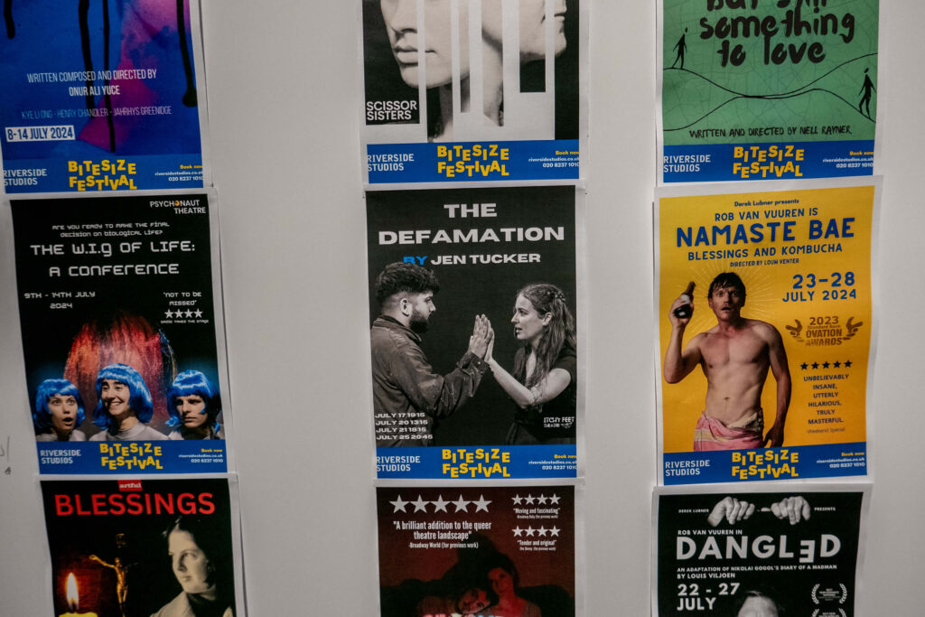 Bitesize Festival posters featuring Jen Tucker's 'The Defamation' at Riverside Studios, London