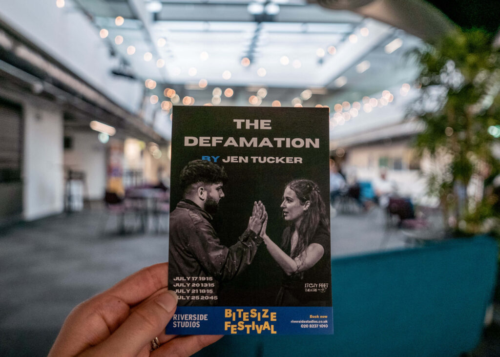 Leaflet for 'The Defamation' By Jen Tucker inside Riverside Studios, London