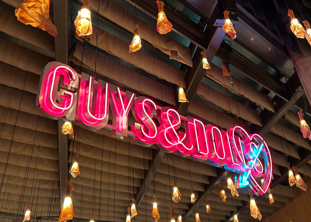 Guys & Dolls sign at the Bridge Theatre, London