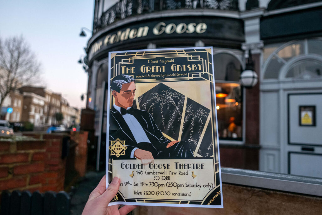 The Great Gatsby programme outside the Golden Goose Theatre, London