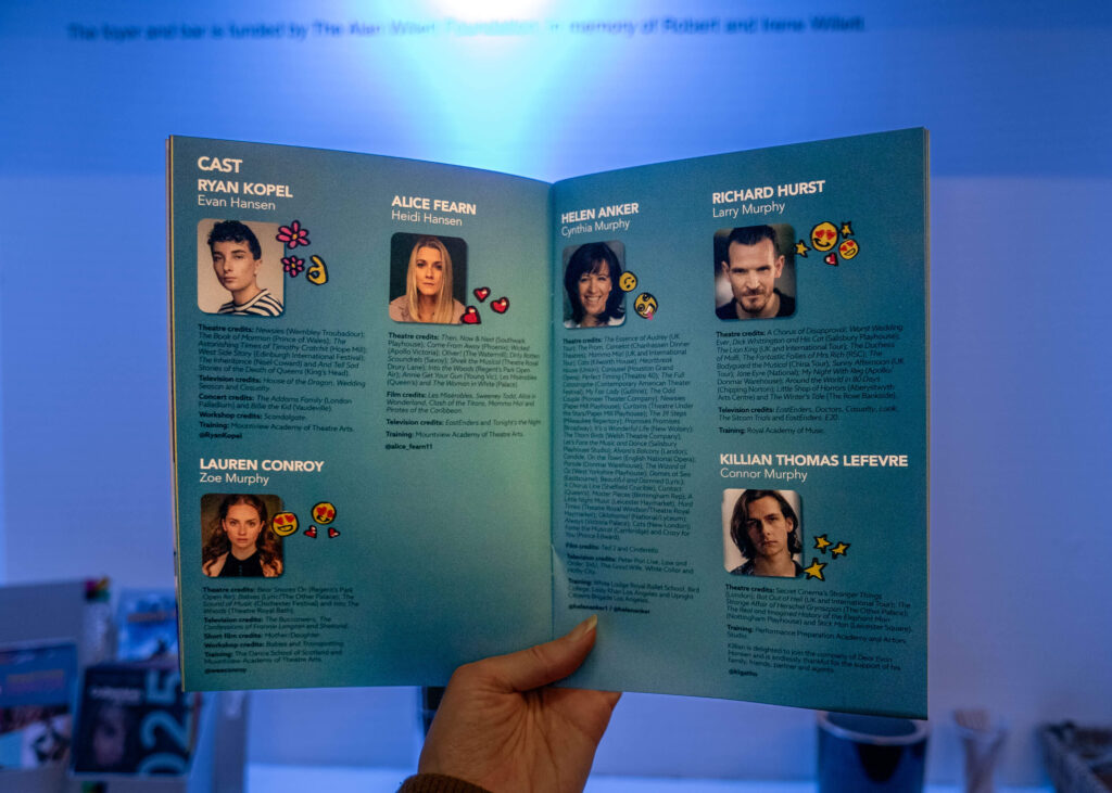 Dear Evan Hansen cast in the programme at the Marlowe Theatre, Canterbury