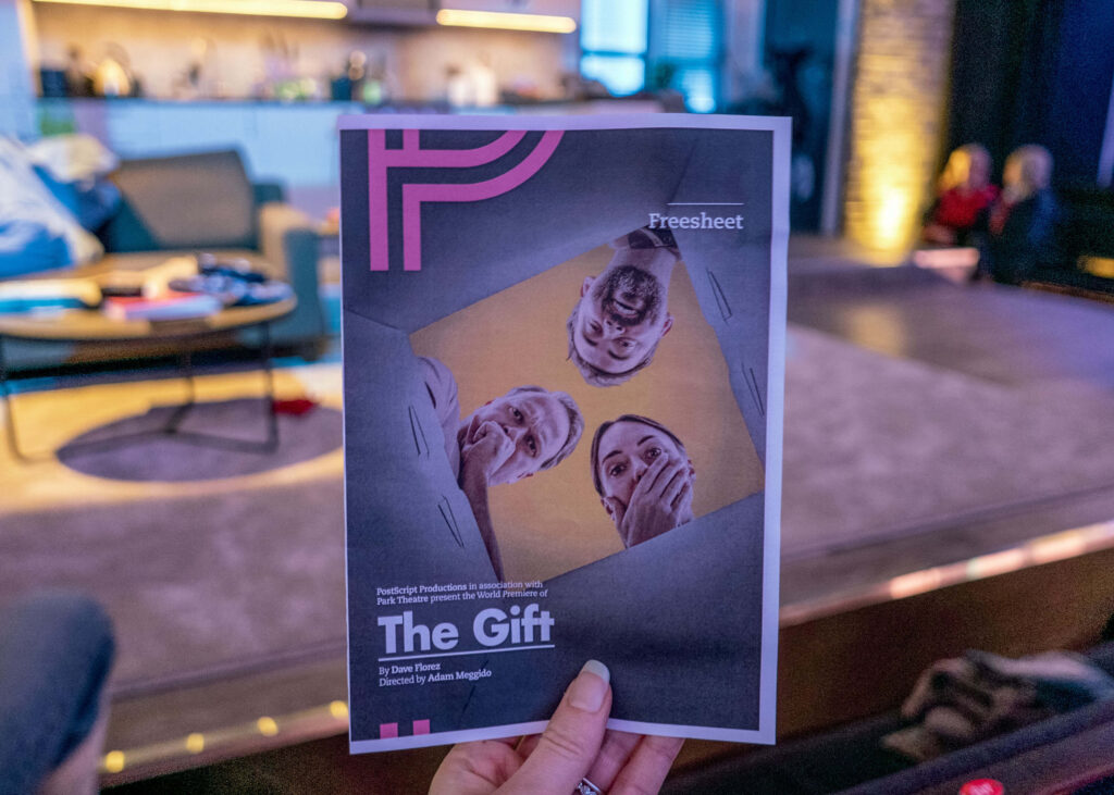 The Gift leaflet in front of the Park Theatre stage, London